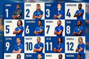 本期法国队号码：姆巴佩10号、埃基蒂克9号、坎特13号